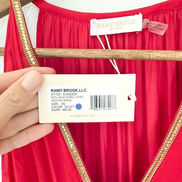 Ramy Brook Melanie Smocked Midi Dress Red Rouge Beaded NWT Size Small - Picture 4 of 5